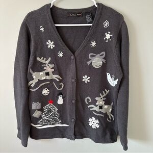 Ashley Hill Sweater Cardigan Womens Size Medium Gray White Christmas Vintage